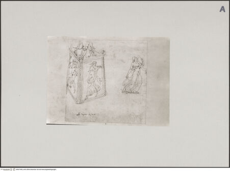 Vorderseite von Staatliche Museen zu Berlin - Preußischer Kulturbesitz [https://www.deutsche-digitale-bibliothek.de/content/lizenzen/rv-ez/] Codex BerolinensisStudie einer Kandelaberbasis und der dazugehörigen Reliefs eines Satyrn und tanzender Mänaden - Gesamtansicht, bh607408_recto. Foto.