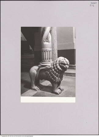 Vorderseite von Bibliotheca Hertziana [https://www.deutsche-digitale-bibliothek.de/content/lizenzen/rv-fz/] Kanzelförmiger AmboSäulen, Kapitelle und Tragfigur - Säulentragender Löwe, bh607485_recto. Foto.