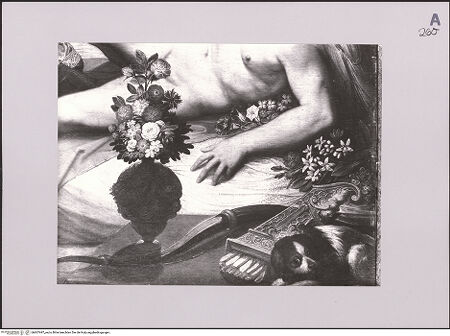 Vorderseite von ICCD [https://www.deutsche-digitale-bibliothek.de/content/lizenzen/rv-ez/] Amor und Psyche - Ausschnitt des unteren rechten Bildviertels mit Blumen und Waffen des Cupido, bh607497_recto. Foto.