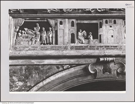 Vorderseite von Alinari [https://www.deutsche-digitale-bibliothek.de/content/lizenzen/rv-ez/] Szenen aus dem Leben der heiligen Katharina von Alexandrien - Szene 1: Katharinas Vater macht sein Testament; Szene 2: Katharina wird von einem Eremiten zum Christentum bekehrt (vor 1943), bh607825_recto. Foto.