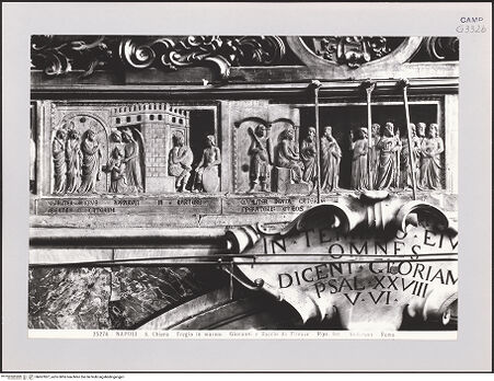 Vorderseite von Alinari [https://www.deutsche-digitale-bibliothek.de/content/lizenzen/rv-ez/] Szenen aus dem Leben der heiligen Katharina von Alexandrien - Szene 5: Christus erscheint Katharina im Gefängnis; Szene 6: Disput der Katharina mit den Philosophen (vor 1943), bh607827_recto. Foto.