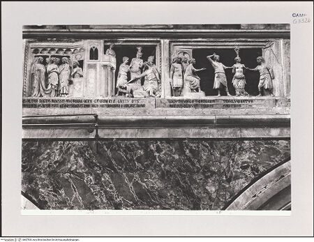 Vorderseite von Alinari [https://www.deutsche-digitale-bibliothek.de/content/lizenzen/rv-ez/] Szenen aus dem Leben der heiligen Katharina von Alexandrien - Szene 8: Katharina bekehrt die Kaiserin zum Christentum; das Martyrium der Kaiserin und ihrer Gefährtinnen; Szene 9: Katharina wird gefoltert (vor 1943), bh607830_recto. Foto.