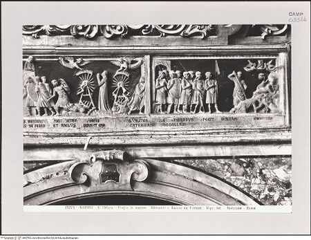 Vorderseite von Alinari [https://www.deutsche-digitale-bibliothek.de/content/lizenzen/rv-ez/] Szenen aus dem Leben der heiligen Katharina von Alexandrien - Szene 10: die Folterräder der Katharina werden von Engeln zerstört; Szene 11: Katharina wird enthauptet (vor 1943), bh607832_recto. Foto.