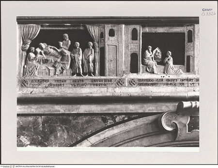 Vorderseite von Alinari [https://www.deutsche-digitale-bibliothek.de/content/lizenzen/rv-ez/] Szenen aus dem Leben der heiligen Katharina von Alexandrien - Szene 1: Katharinas Vater macht sein Testament; Szene 2: Katharina wird von einem Eremiten zum Christentum bekehrt (vor 1943), bh607834_recto. Foto.