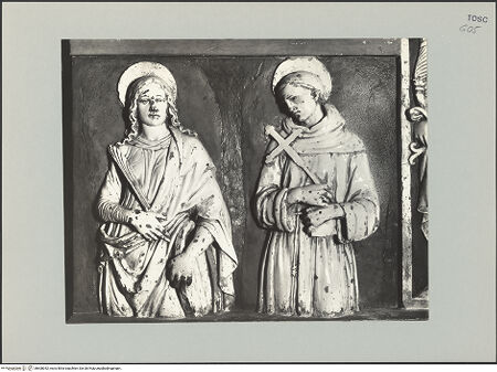 Vorderseite von Soprintendenza alle Gallerie  Firenze [https://www.deutsche-digitale-bibliothek.de/content/lizenzen/rv-ez/] Altarretabel mit Christus und Heiligen - Detail: linkes Feld mit dem heiligen Franziskus und Heilige Klara (?), bh608042_recto. Foto.