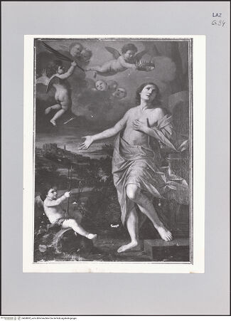 Vorderseite von Arte Fotografica (Rom) [https://www.deutsche-digitale-bibliothek.de/content/lizenzen/rv-ez/] Der Heilige Sebastian wird von Engeln gekrönt - Gesamtansicht, bh608092_recto. Foto.