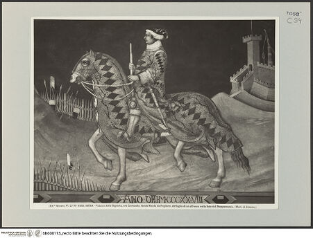 Vorderseite von Alinari [https://www.deutsche-digitale-bibliothek.de/content/lizenzen/rv-ez/] Reiterbildnis des Guidoriccio da Fogliano während der Belagerung des Kastells von MontemassiGuidoriccio da Fogliano zu Pferde - Gesamtansicht, bh608115_recto. Foto.