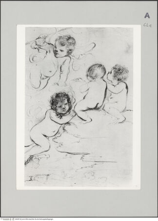 Vorderseite von Bibliotheca Hertziana [https://www.deutsche-digitale-bibliothek.de/content/lizenzen/rv-fz/] Vier Putti; darunter Landschaft mit Turm - Gesamtansicht, bh608154_recto. Foto.