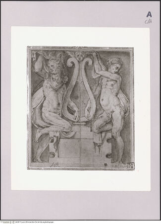 Vorderseite von Bibliotheca Hertziana [https://www.deutsche-digitale-bibliothek.de/content/lizenzen/rv-fz/] Studie zweier Karyatiden, die eine Harfe flankieren - , bh608175_recto. Foto.