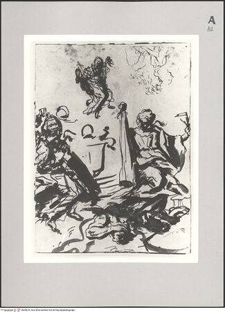 Vorderseite von Bibliotheca Hertziana [https://www.deutsche-digitale-bibliothek.de/content/lizenzen/rv-ez/] Ecclesia und Architectura mit Papstwappen, Skizze für den Romplan von Falda 1667 - , bh608270_recto. Foto.