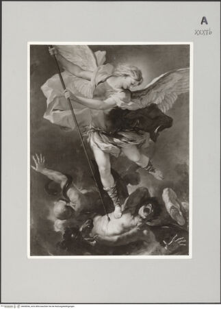 Vorderseite von Steinkopf, Walter (Berlin) [https://www.deutsche-digitale-bibliothek.de/content/lizenzen/rv-ez/] Der Erzengel Michael stürzt die rebellischen Engel - , bh608366_recto. Foto.