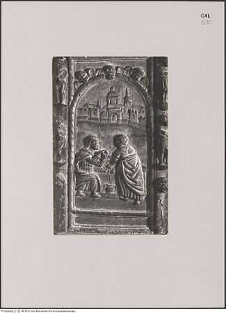 Vorderseite von unbekannt [https://www.deutsche-digitale-bibliothek.de/content/lizenzen/rv-fz/] Taufbecken mit Aufsatz - Relief, links: Christus und die Samariterin am Brunnen, bh610015_recto. Foto.