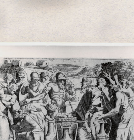 Rückseite von  [http://creativecommons.org/publicdomain/mark/1.0/] Melchisedek bietet Abraham Brot und Wein an - , bh001433. Foto.