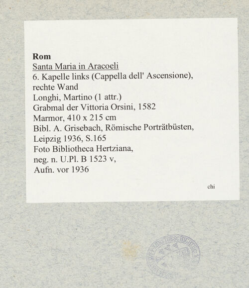 Rückseite von Bibliotheca Hertziana [https://www.deutsche-digitale-bibliothek.de/content/lizenzen/rv-fz/] Grabmal von Vittoria Orsini - , bh008181_recto. Foto.