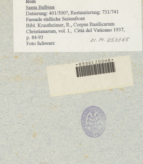 Rückseite von Bibliotheca Hertziana [https://www.deutsche-digitale-bibliothek.de/content/lizenzen/rv-fz/] Santa Balbina - Fassade, südliche Seitenfront, bh008978_recto. Foto: Schwarz, Heinrich Mathias.