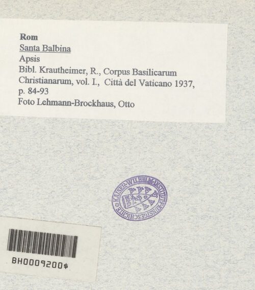 Rückseite von Bibliotheca Hertziana [https://www.deutsche-digitale-bibliothek.de/content/lizenzen/rv-fz/] Santa Balbina - Apsis, bh008987_recto. Foto: Lehmann-Brockhaus, Otto.