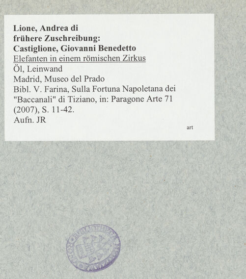 Rückseite von Museo del Prado [https://www.deutsche-digitale-bibliothek.de/content/lizenzen/rv-fz/] Elefanten in einem römischen Zirkus - , bh024259_recto. Foto.