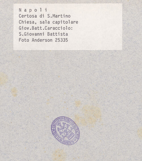 Rückseite von Alinari [https://www.deutsche-digitale-bibliothek.de/content/lizenzen/rv-ez/] Heiliger Johannes der Täufer - Gesamtansicht, bh026312_recto. Foto.