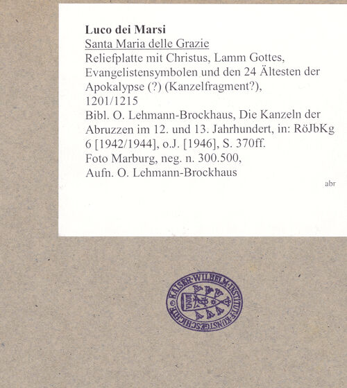 Rückseite von Foto Marburg [https://www.deutsche-digitale-bibliothek.de/content/lizenzen/rv-ez/] Reliefplatte mit Christus, Lamm Gottes, Evangelistensymbolen und den 24 Ältesten der Apokalypse (?) (Kanzelfragment?) - , bh029830_recto. Foto: Lehmann-Brockhaus, Otto.