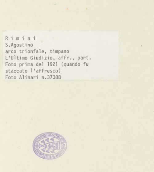 Rückseite von Alinari [https://www.deutsche-digitale-bibliothek.de/content/lizenzen/rv-ez/] Jüngstes Gericht - Detail: Maria und zwei Engel (Aufnahme vor der Abnahme der Fresken), bh036623_recto. Foto.