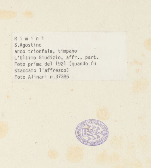 Rückseite von Alinari [https://www.deutsche-digitale-bibliothek.de/content/lizenzen/rv-ez/] Jüngstes Gericht - Detail (Aufnahme vor der Abnahme der Fresken), bh036626_recto. Foto.