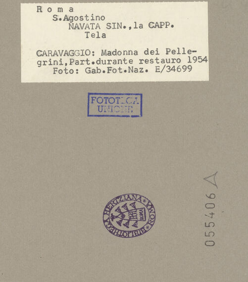 Rückseite von ICCD [https://www.deutsche-digitale-bibliothek.de/content/lizenzen/rv-ez/] Madonna dei Pellegrini, detta 'Madonna di Loreto' - Detail: Fläche zwischen Händen des Pilgers und Christuskind (während der Restaurierung), bh055406_recto. Foto.