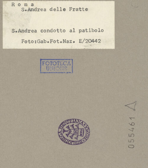 Rückseite von ICCD [https://www.deutsche-digitale-bibliothek.de/content/lizenzen/rv-ez/] Der heilige Andreas betet das Kreuz seines Martyriums an - Gesamtansicht, bh055461_recto. Foto: Rigamonti.