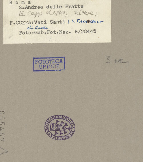 Rückseite von ICCD [https://www.deutsche-digitale-bibliothek.de/content/lizenzen/rv-ez/] Die Heiligen Franz von Sales, Johanna von Valois und Franz von Paula - Gesamtansicht, bh055467_recto. Foto.