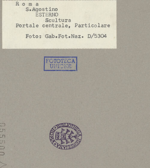 Rückseite von ICCD [https://www.deutsche-digitale-bibliothek.de/content/lizenzen/rv-ez/] Sant'AgostinoPortalrahmung - Detail, unten rechts: Gewände und Pilaster, bh055500_recto. Foto.