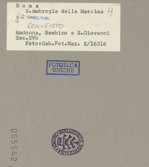 Rückseite von ICCD [https://www.deutsche-digitale-bibliothek.de/content/lizenzen/rv-ez/] Madonna mit Kind und dem heiligen Johannes - Gesamtansicht, bh055542_recto. Foto.