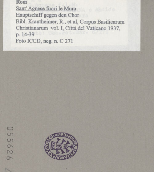 Rückseite von ICCD [https://www.deutsche-digitale-bibliothek.de/content/lizenzen/rv-ez/] Sant'Agnese fuori le MuraInnenraumMittelschiff - Hauptschiff gegen den Chor, bh055626_recto. Foto.