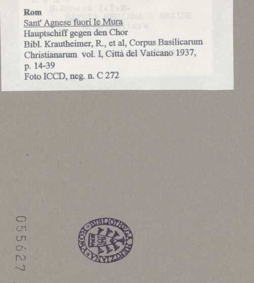 Rückseite von ICCD [https://www.deutsche-digitale-bibliothek.de/content/lizenzen/rv-ez/] Sant'Agnese fuori le MuraInnenraumMittelschiff - Hauptschiff gegen den Chor, bh055627_recto. Foto.