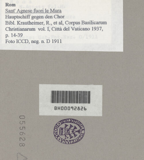 Rückseite von ICCD [https://www.deutsche-digitale-bibliothek.de/content/lizenzen/rv-ez/] Sant'Agnese fuori le MuraInnenraumMittelschiff - Hauptschiff gegen den Chor, bh055628_recto. Foto.
