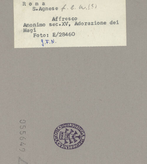 Rückseite von ICCD [https://www.deutsche-digitale-bibliothek.de/content/lizenzen/rv-ez/] Anbetung der Könige; daneben vier Heilige, darunter Johannes der Täufer und Agnes - Detail: Anbetung, bh055649_recto. Foto.