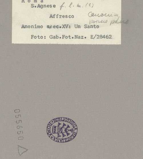 Rückseite von ICCD [https://www.deutsche-digitale-bibliothek.de/content/lizenzen/rv-ez/] Thronende Madonna; daneben ein männlicher Heiliger - Der Heilige, bh055650_recto. Foto.