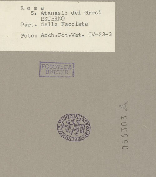 Rückseite von Archivio Fotografico dei Musei Vaticani [https://www.deutsche-digitale-bibliothek.de/content/lizenzen/rv-ez/] Sant'Atanasio dei Greci - Fassadentürme, bh056303_recto. Foto.