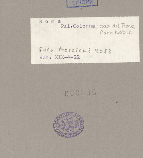 Rückseite von Archivio Fotografico Musei Vaticani [https://www.deutsche-digitale-bibliothek.de/content/lizenzen/rv-ez/] Palazzo ColonnaGalleria ColonnaSala del Trono - , bh058885_recto. Foto.