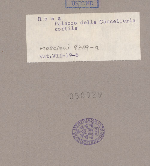 Rückseite von Archivio Fotografico Musei Vaticani [https://www.deutsche-digitale-bibliothek.de/content/lizenzen/rv-fz/] Palazzo della Cancelleria - , bh058929_recto. Foto: Moscioni, Romualdo.