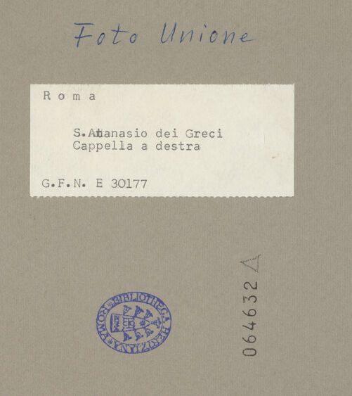 Rückseite von ICCD [https://www.deutsche-digitale-bibliothek.de/content/lizenzen/rv-ez/] Sant'Atanasio dei Greci - Seitenkapelle rechts, bh064632_recto. Foto.