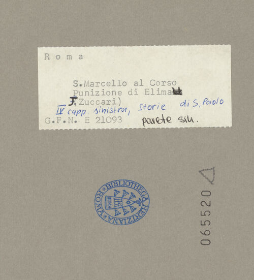 Rückseite von ICCD [https://www.deutsche-digitale-bibliothek.de/content/lizenzen/rv-ez/] Ausstattung der Cappella Frangipane: Zyklus zum Leben des heiligen Paulus, Propheten und weitere SzenenBestrafung des Elymas - , bh065520_recto. Foto.