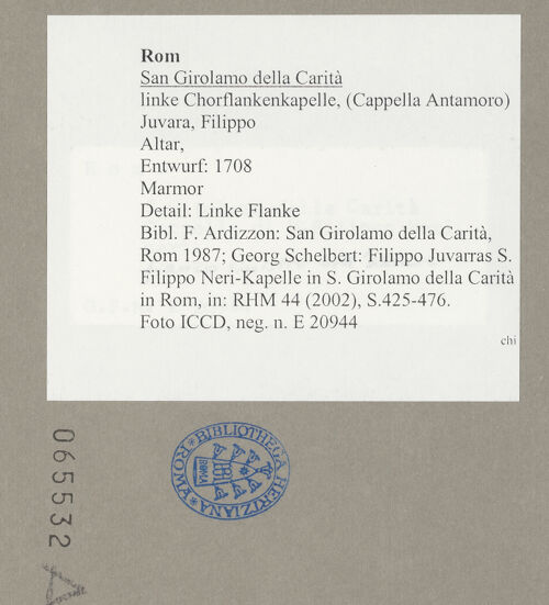 Rückseite von ICCD [https://www.deutsche-digitale-bibliothek.de/content/lizenzen/rv-ez/] Altar des Heiligen Filippo Neri - Detail: linke Flanke des Altarblocks, bh065532_recto. Foto.