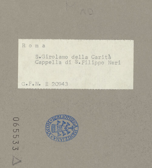 Rückseite von ICCD [https://www.deutsche-digitale-bibliothek.de/content/lizenzen/rv-ez/] San Girolamo della CaritàCappella Antamoro - Linke Wand, Tür zur Sakristei und Teil der Altarwand, bh065533_recto. Foto.