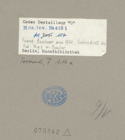 Rückseite von Kunstbibliothek [https://www.deutsche-digitale-bibliothek.de/content/lizenzen/rv-ez/] Codex Destailleur DPalazzo della Farnesina: Teilgrundriss mit Benennung der Räume - , bh070242_recto. Foto.