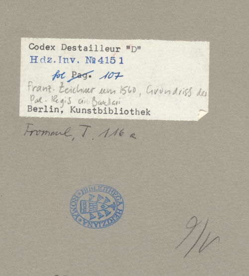 Rückseite von Kunstbibliothek [https://www.deutsche-digitale-bibliothek.de/content/lizenzen/rv-ez/] Codex Destailleur DPalazzo della Farnesina: Teilgrundriss mit Benennung der Räume - , bh070242_recto. Foto.