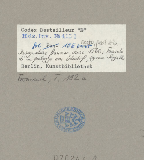 Rückseite von Kunstbibliothek [https://www.deutsche-digitale-bibliothek.de/content/lizenzen/rv-ez/] Codex Destailleur DPalazzo Niccolini: Zwei Achsen der Fassade und Profile der Gesimse - , bh070243_recto. Foto.