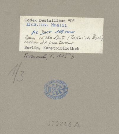 Rückseite von Kunstbibliothek [https://www.deutsche-digitale-bibliothek.de/content/lizenzen/rv-ez/] Codex Destailleur DVilla Lante: Schnitt und Innenaufriss - Gesamtansicht, bh070246_recto. Foto.