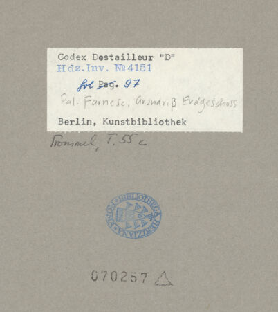 Rückseite von Kunstbibliothek [https://www.deutsche-digitale-bibliothek.de/content/lizenzen/rv-ez/] Codex Destailleur DPalazzo Farnese: Grundriss des Erdgeschosses - Gesamtansicht, bh070257_recto. Foto.