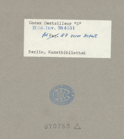 Rückseite von Kunstbibliothek [https://www.deutsche-digitale-bibliothek.de/content/lizenzen/rv-ez/] Codex Destailleur DPalazzo Farnese: Grundriss des Obergeschosses und Maßskizze zum Treppenprofil - linke Bildhälfte, bh070258_recto. Foto.