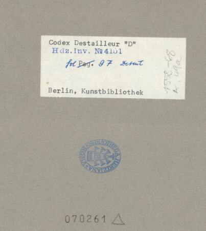 Rückseite von Kunstbibliothek [https://www.deutsche-digitale-bibliothek.de/content/lizenzen/rv-ez/] Codex Destailleur DPalazzo Farnese: Grundriss des Erdgeschosses - linke Bildhälfte, bh070261_recto. Foto.