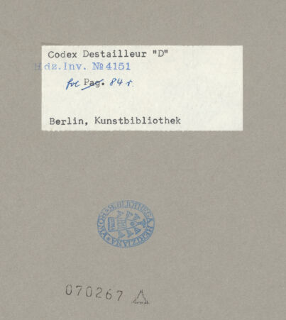 Rückseite von Kunstbibliothek [https://www.deutsche-digitale-bibliothek.de/content/lizenzen/rv-ez/] Codex Destailleur DSt. Peter: Schnitt durch die Kuppel mit vielen Detailzeichnungen - Gesamtansicht, bh070267_recto. Foto.